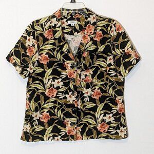 WOMEN'S "Kensie" Black/Peach Floral Tropical Button, Short Sleeve Blouse; Size M